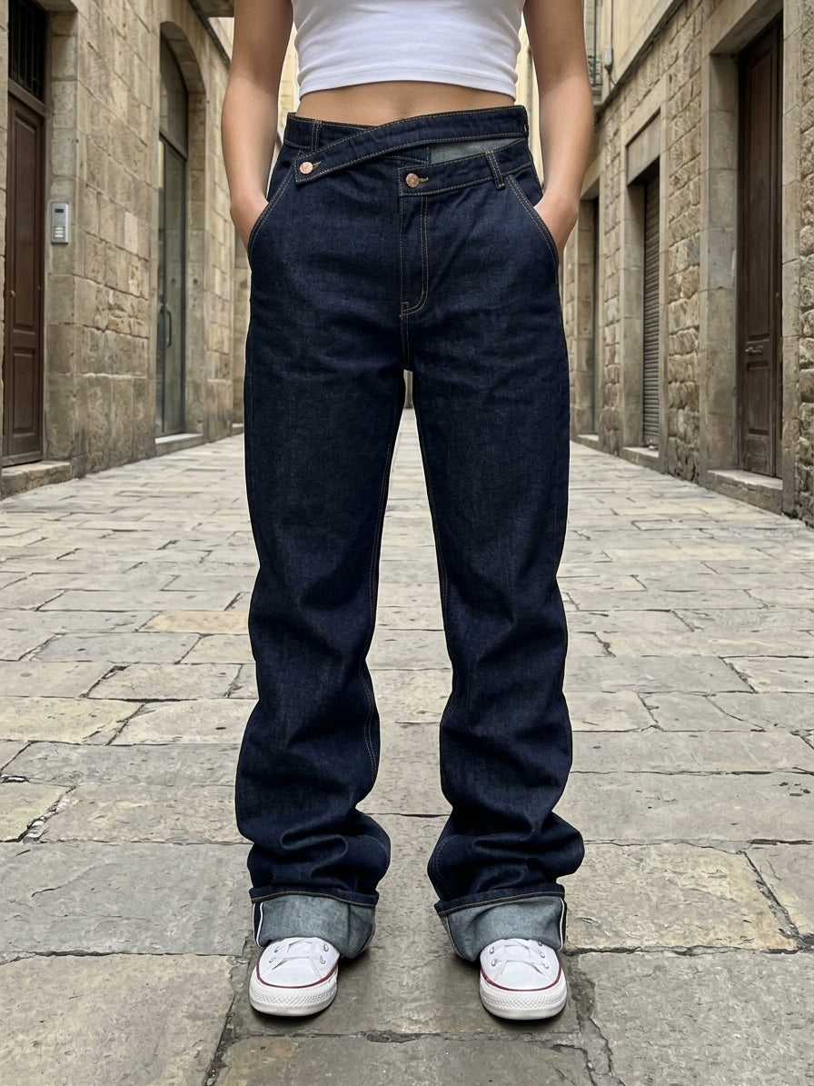 Asymmetrical Cuffed Jeans